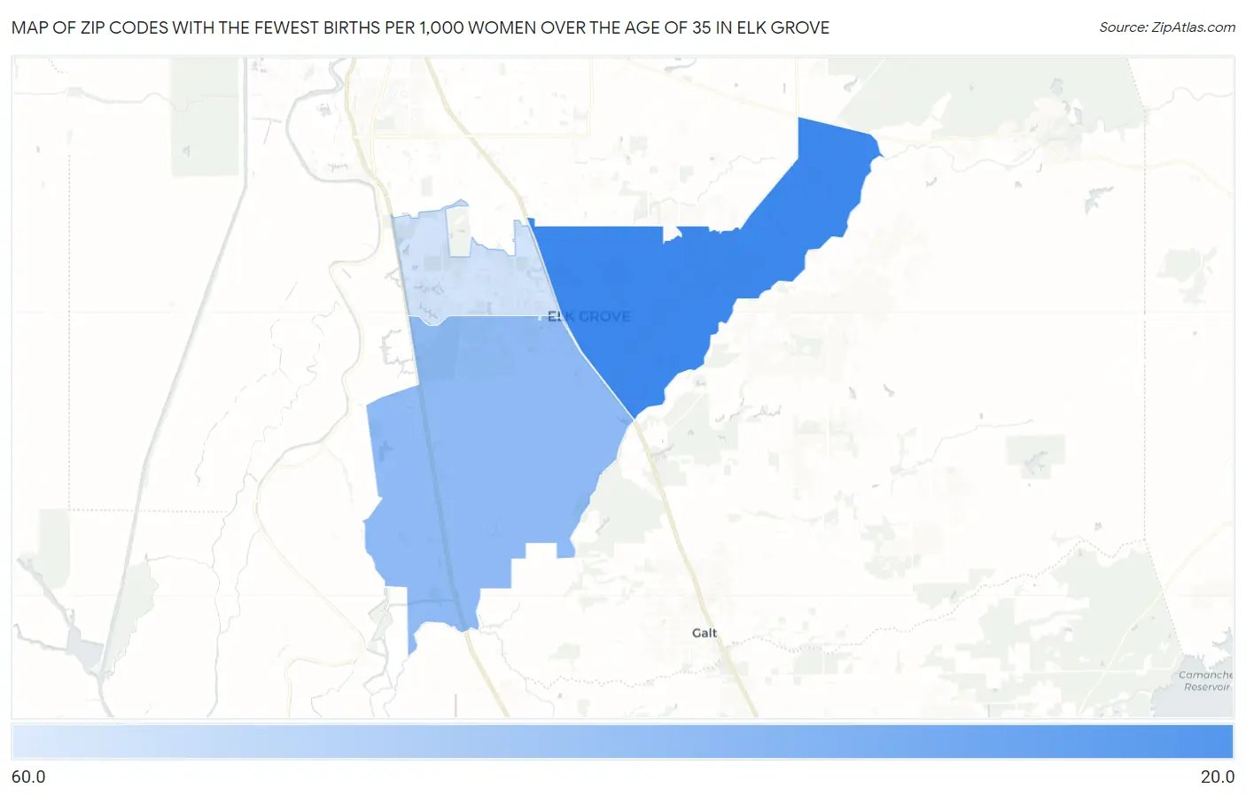 Zip Codes with the Fewest Births per 1,000 Women Over the Age of 35 in Elk Grove Map
