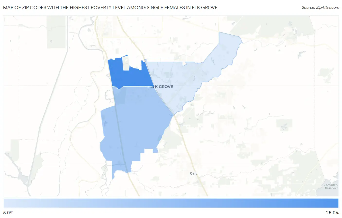 Zip Codes with the Highest Poverty Level Among Single Females in Elk Grove Map
