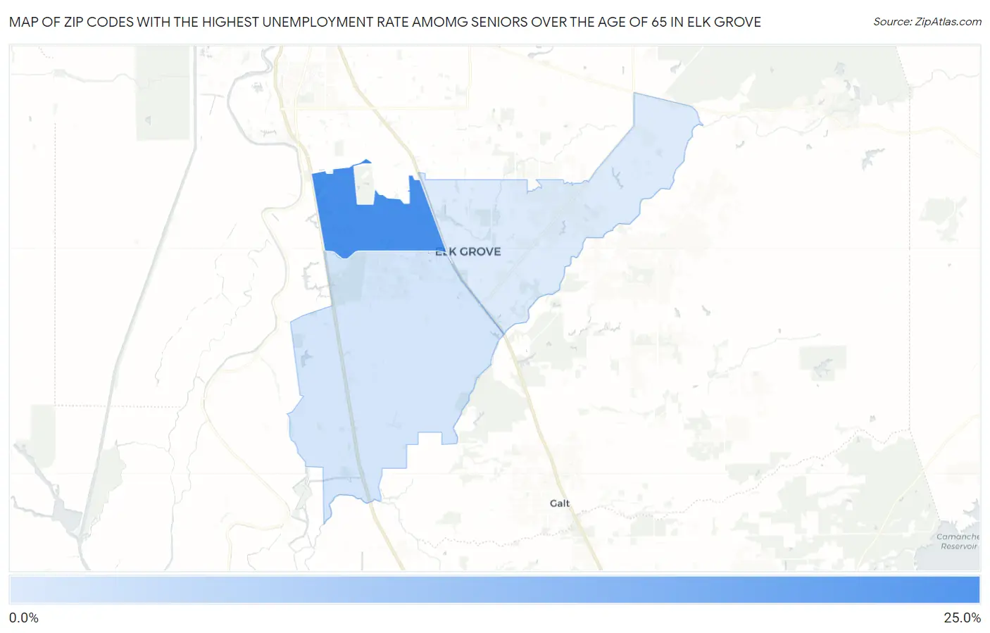 Zip Codes with the Highest Unemployment Rate Amomg Seniors Over the Age of 65 in Elk Grove Map