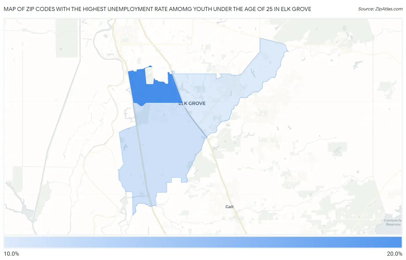 Zip Codes with the Highest Unemployment Rate Amomg Youth Under the Age of 25 in Elk Grove Map