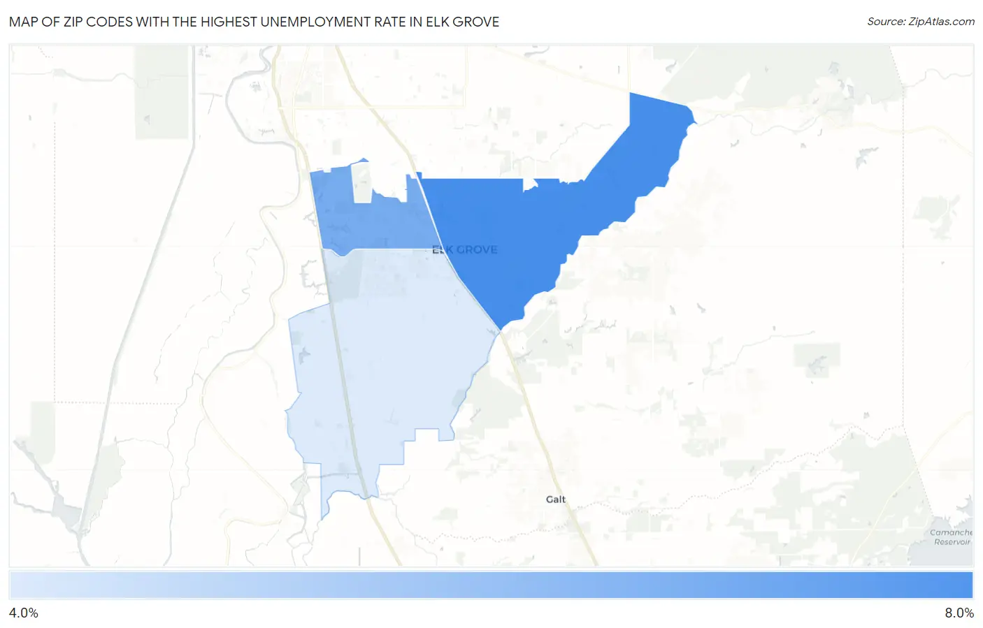Zip Codes with the Highest Unemployment Rate in Elk Grove Map