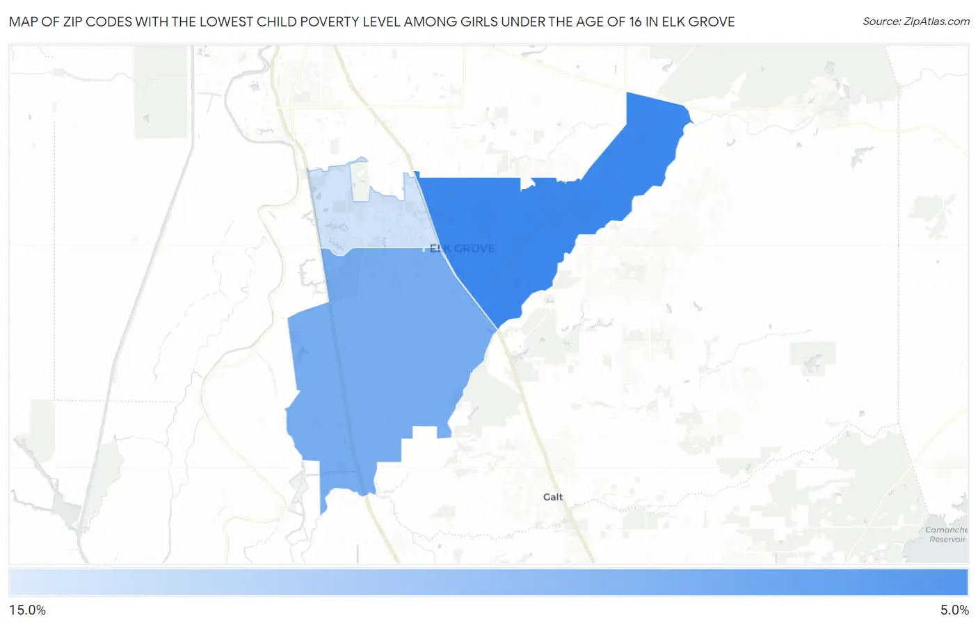 Zip Codes with the Lowest Child Poverty Level Among Girls Under the Age of 16 in Elk Grove Map