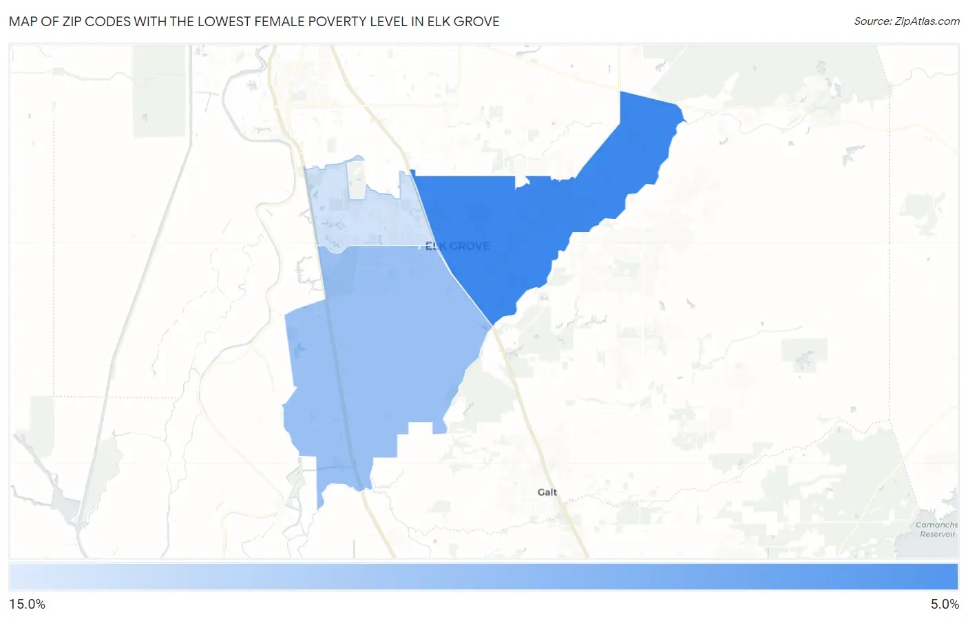 Zip Codes with the Lowest Female Poverty Level in Elk Grove Map