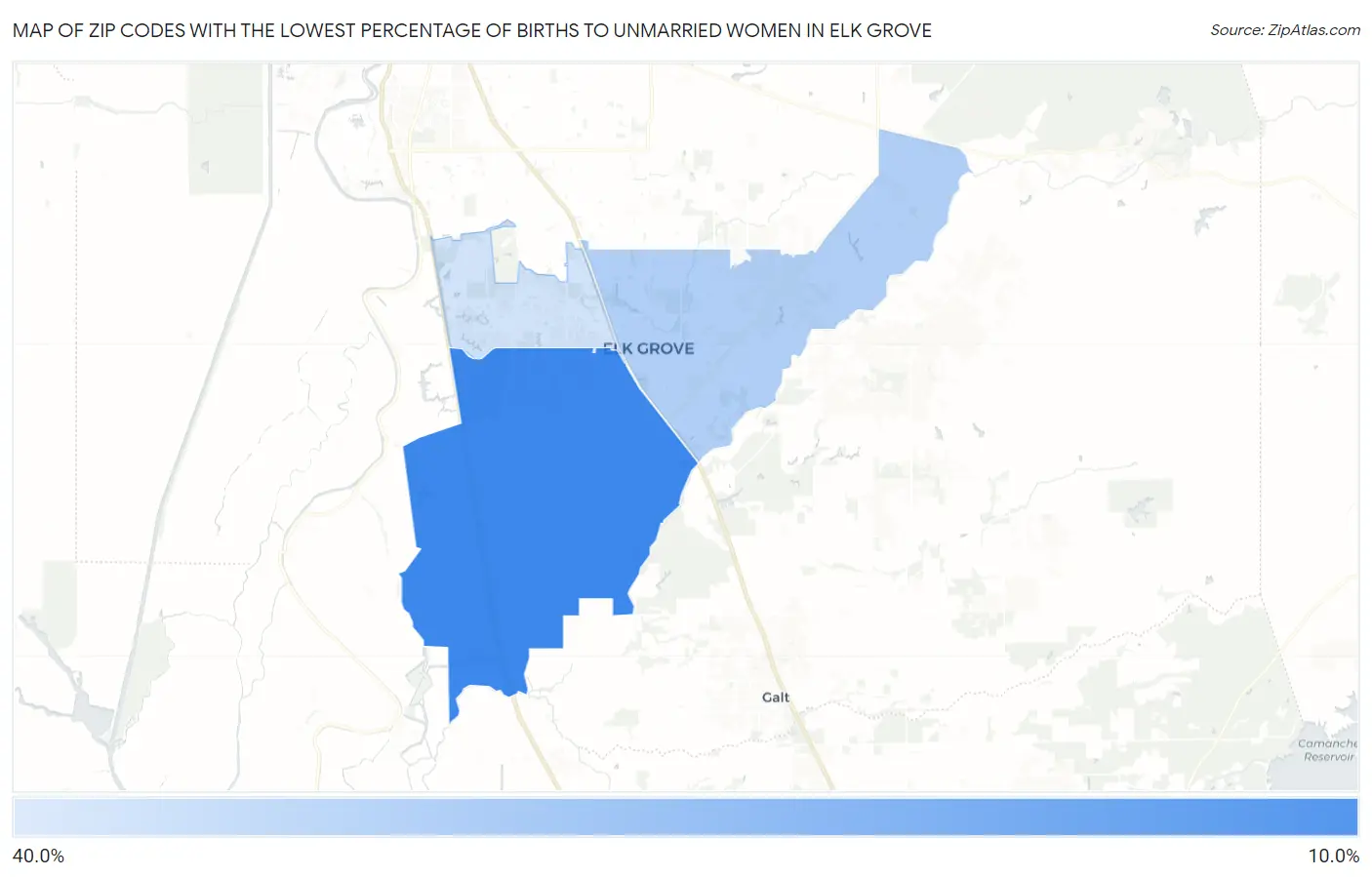 Zip Codes with the Lowest Percentage of Births to Unmarried Women in Elk Grove Map