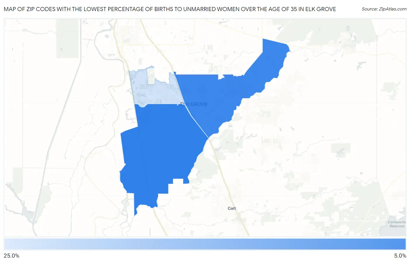 Zip Codes with the Lowest Percentage of Births to Unmarried Women over the Age of 35 in Elk Grove Map