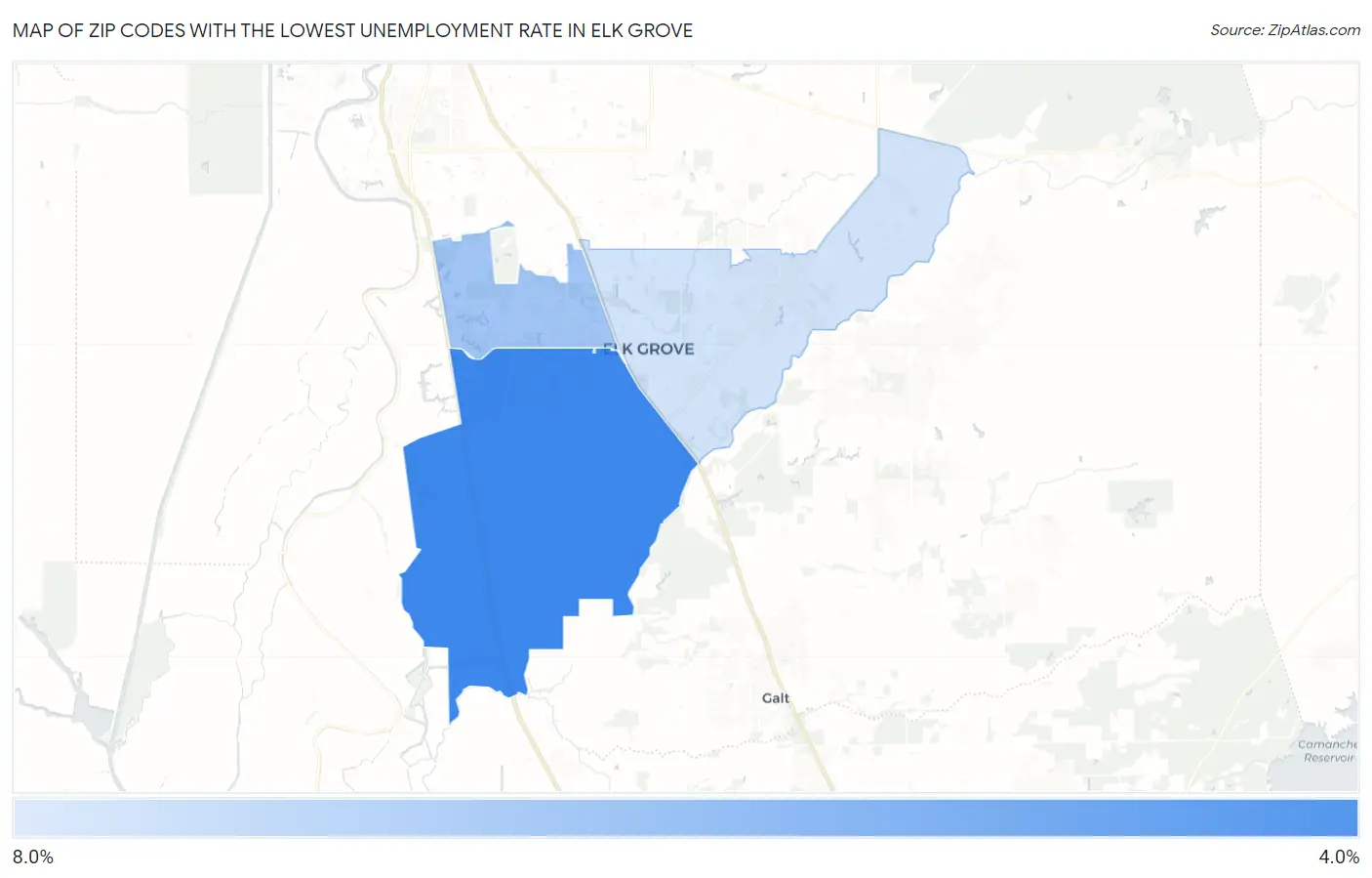 Zip Codes with the Lowest Unemployment Rate in Elk Grove Map