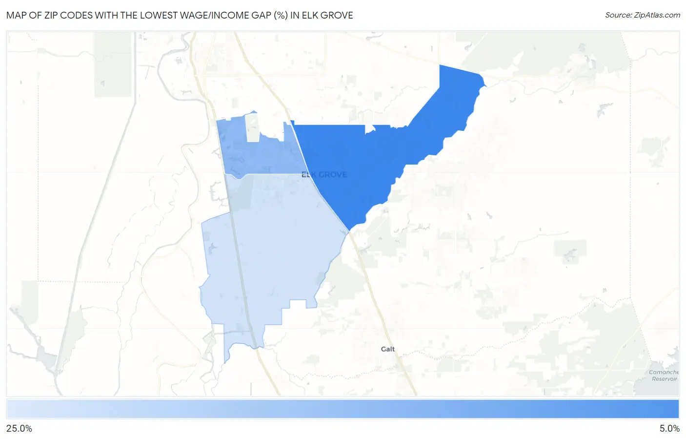 Zip Codes with the Lowest Wage/Income Gap (%) in Elk Grove Map