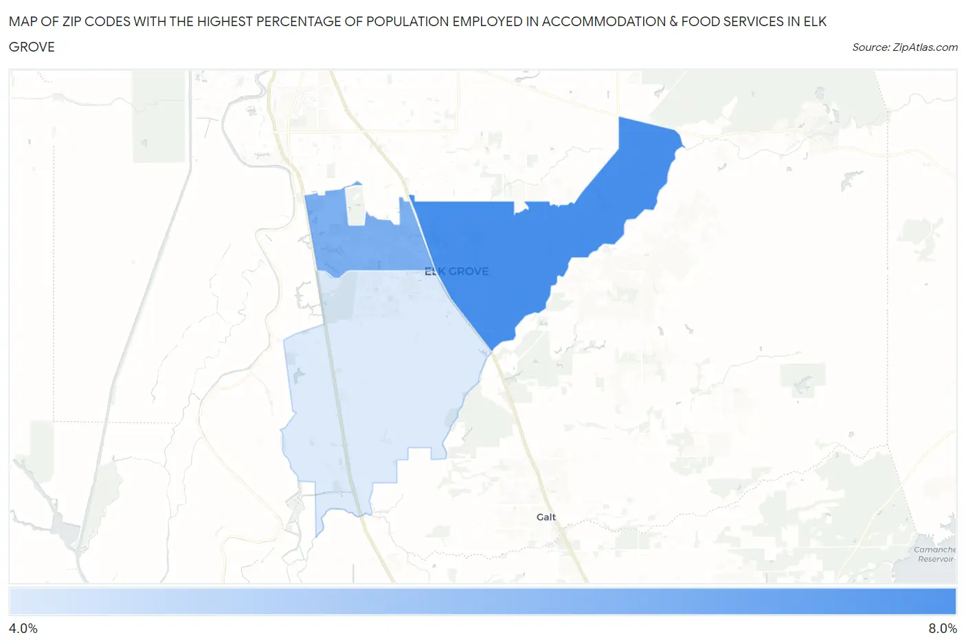 Zip Codes with the Highest Percentage of Population Employed in Accommodation & Food Services in Elk Grove Map