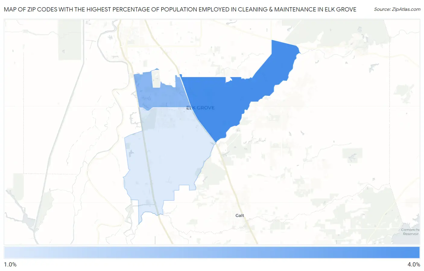 Zip Codes with the Highest Percentage of Population Employed in Cleaning & Maintenance in Elk Grove Map