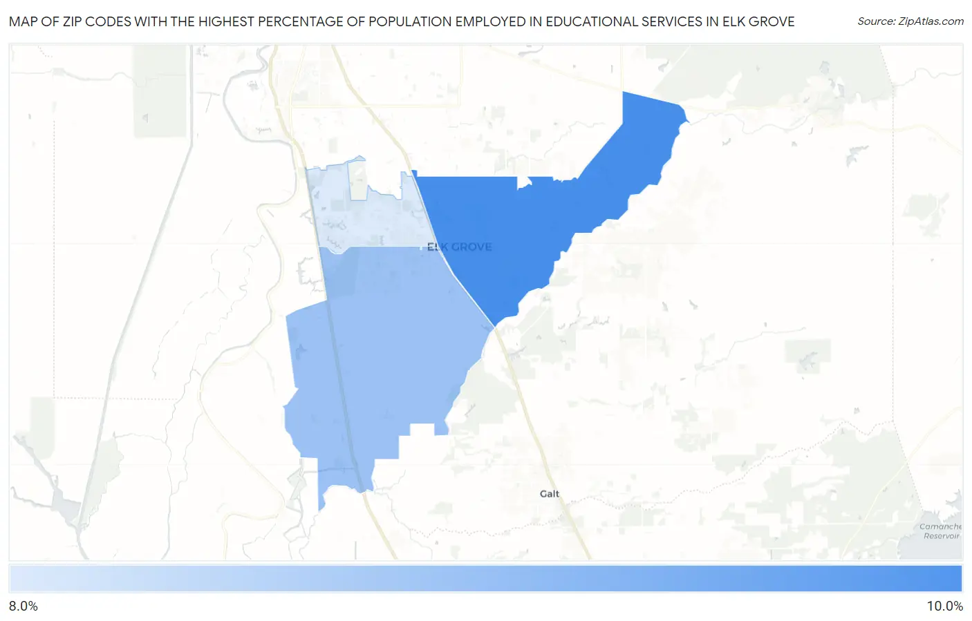 Zip Codes with the Highest Percentage of Population Employed in Educational Services in Elk Grove Map