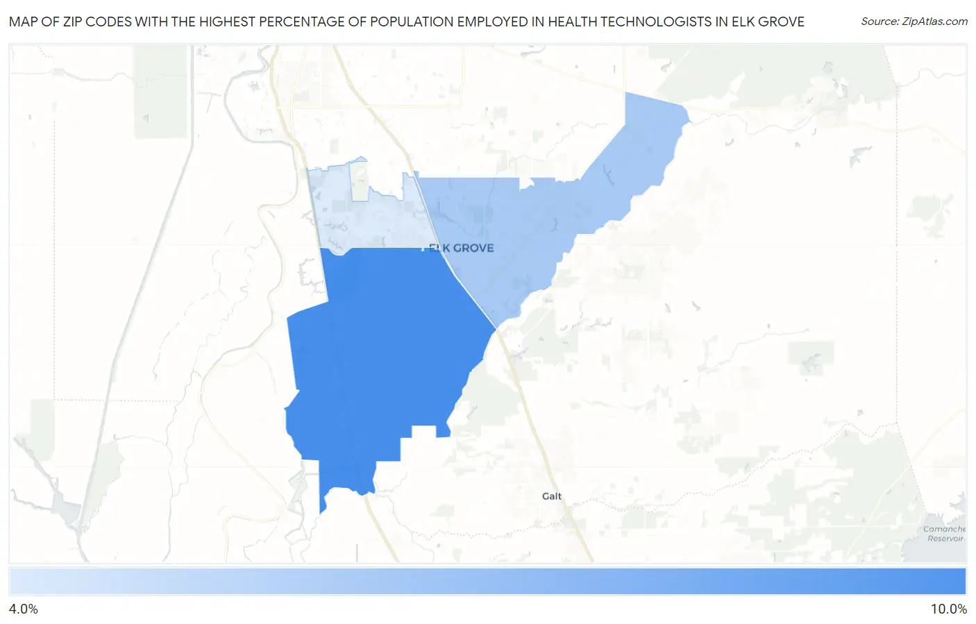 Zip Codes with the Highest Percentage of Population Employed in Health Technologists in Elk Grove Map