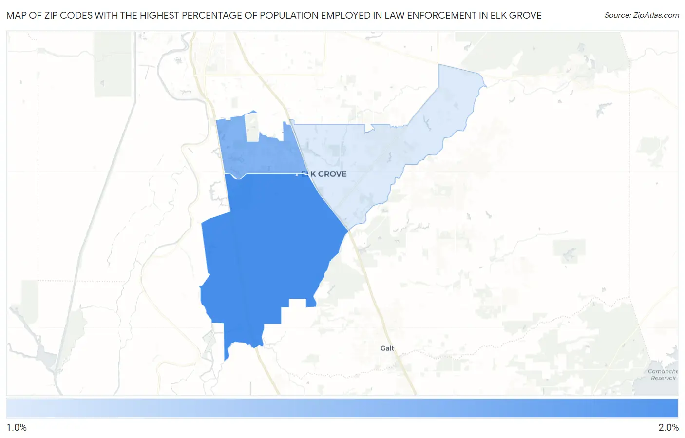 Zip Codes with the Highest Percentage of Population Employed in Law Enforcement in Elk Grove Map