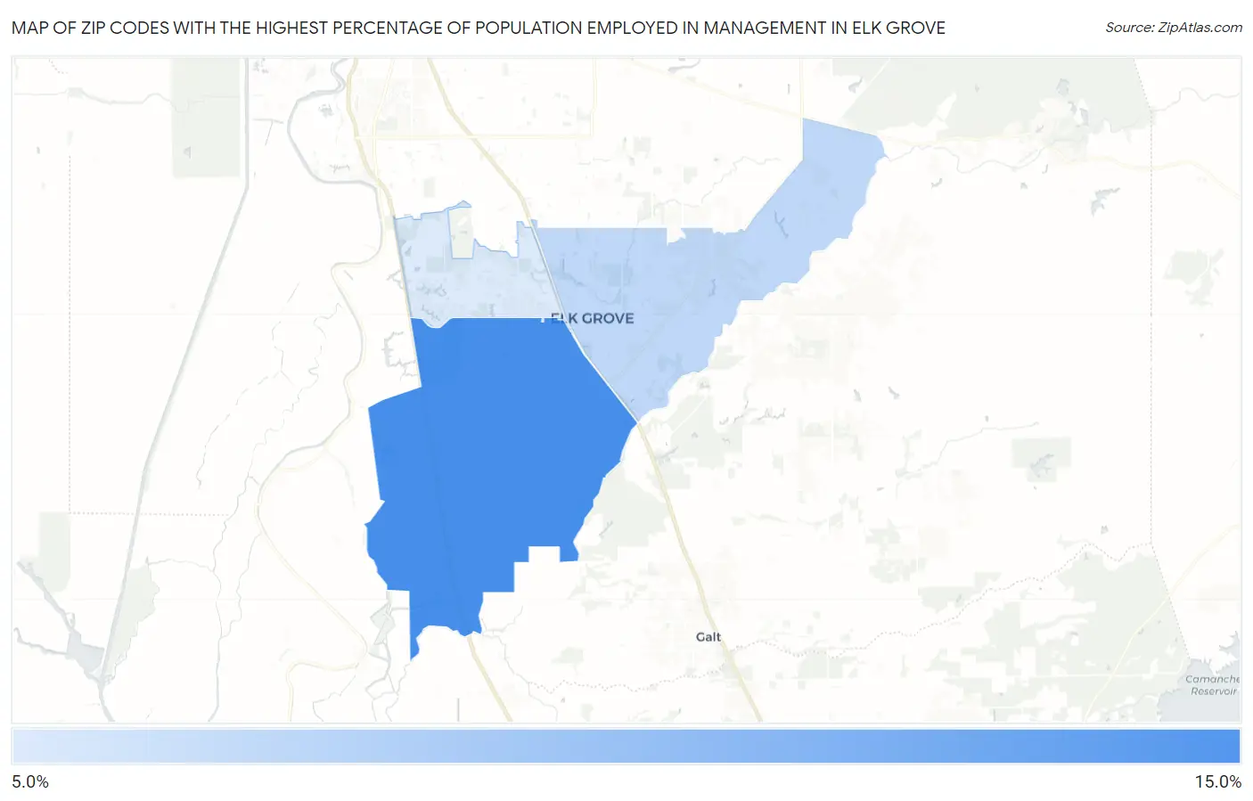 Zip Codes with the Highest Percentage of Population Employed in Management in Elk Grove Map