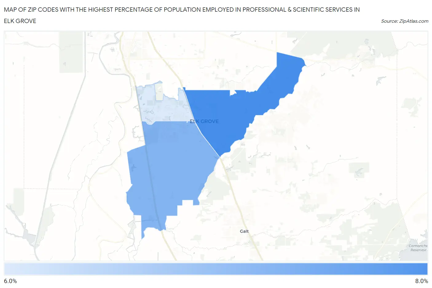 Zip Codes with the Highest Percentage of Population Employed in Professional & Scientific Services in Elk Grove Map