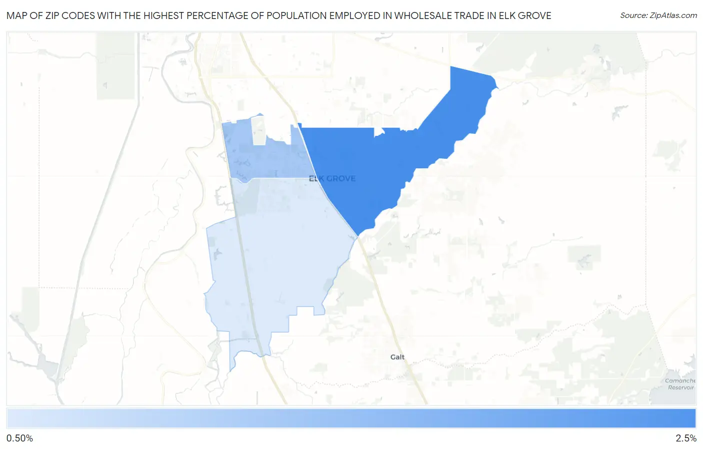 Zip Codes with the Highest Percentage of Population Employed in Wholesale Trade in Elk Grove Map