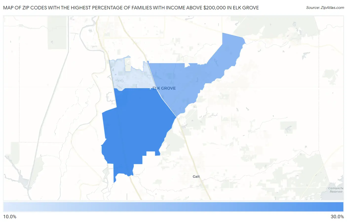 Zip Codes with the Highest Percentage of Families with Income Above $200,000 in Elk Grove Map