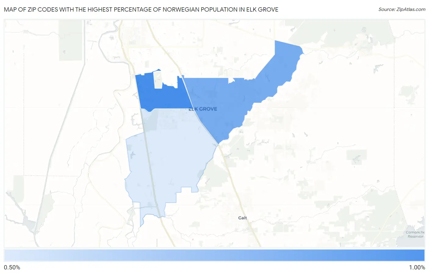 Zip Codes with the Highest Percentage of Norwegian Population in Elk Grove Map