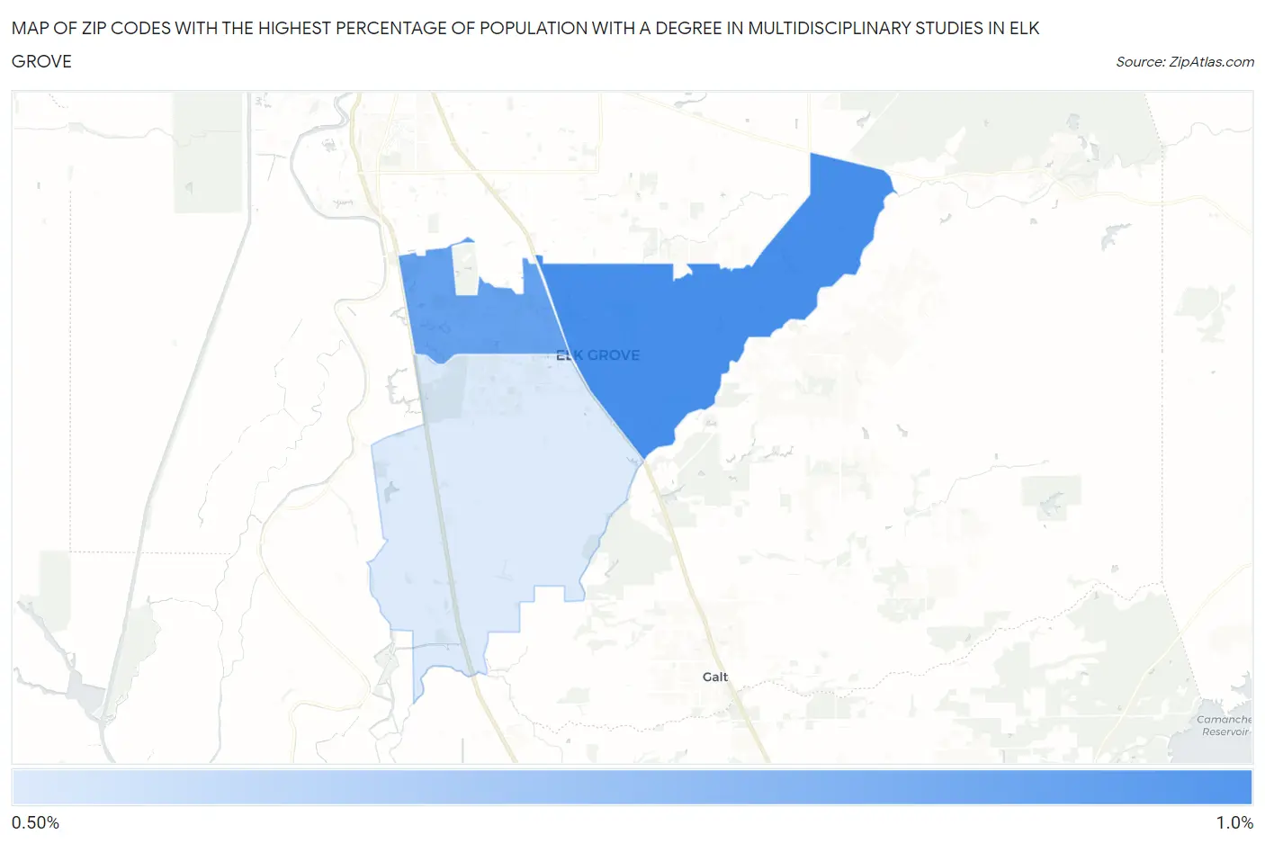 Zip Codes with the Highest Percentage of Population with a Degree in Multidisciplinary Studies in Elk Grove Map