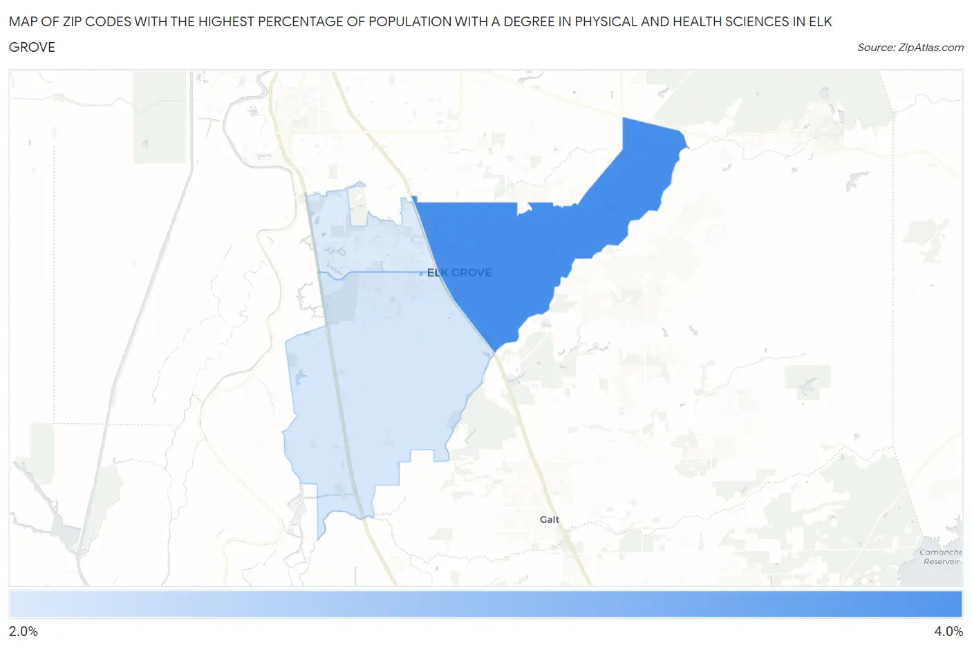 Zip Codes with the Highest Percentage of Population with a Degree in Physical and Health Sciences in Elk Grove Map