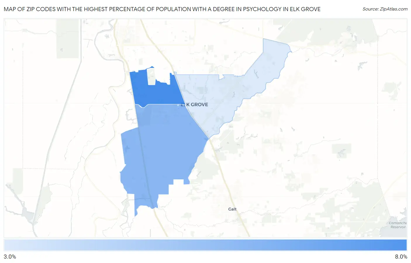 Zip Codes with the Highest Percentage of Population with a Degree in Psychology in Elk Grove Map