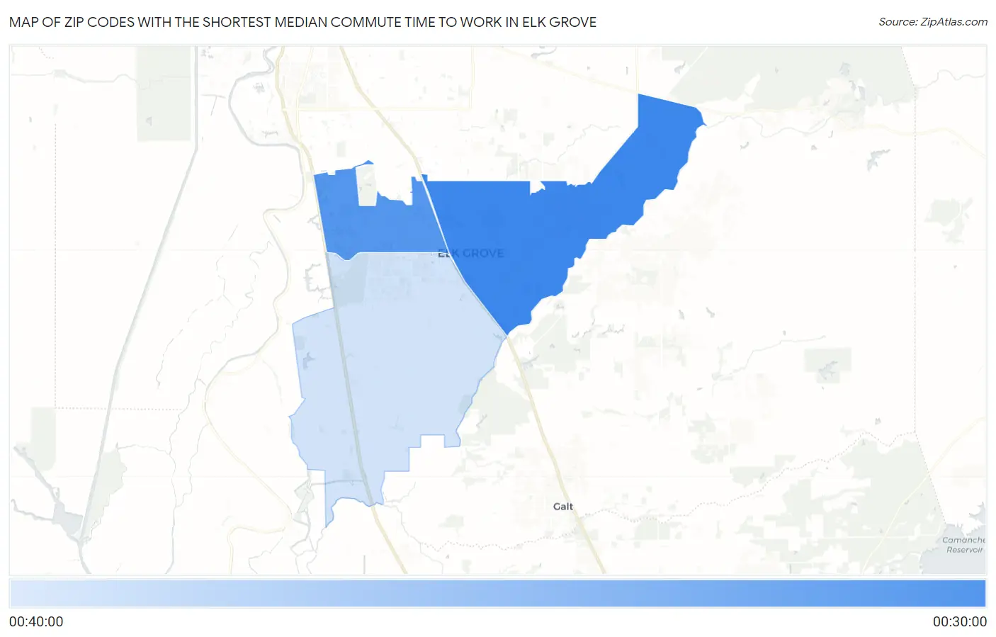 Zip Codes with the Shortest Median Commute Time to Work in Elk Grove Map