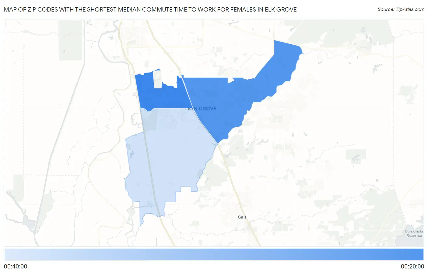 Zip Codes with the Shortest Median Commute Time to Work for Females in Elk Grove Map