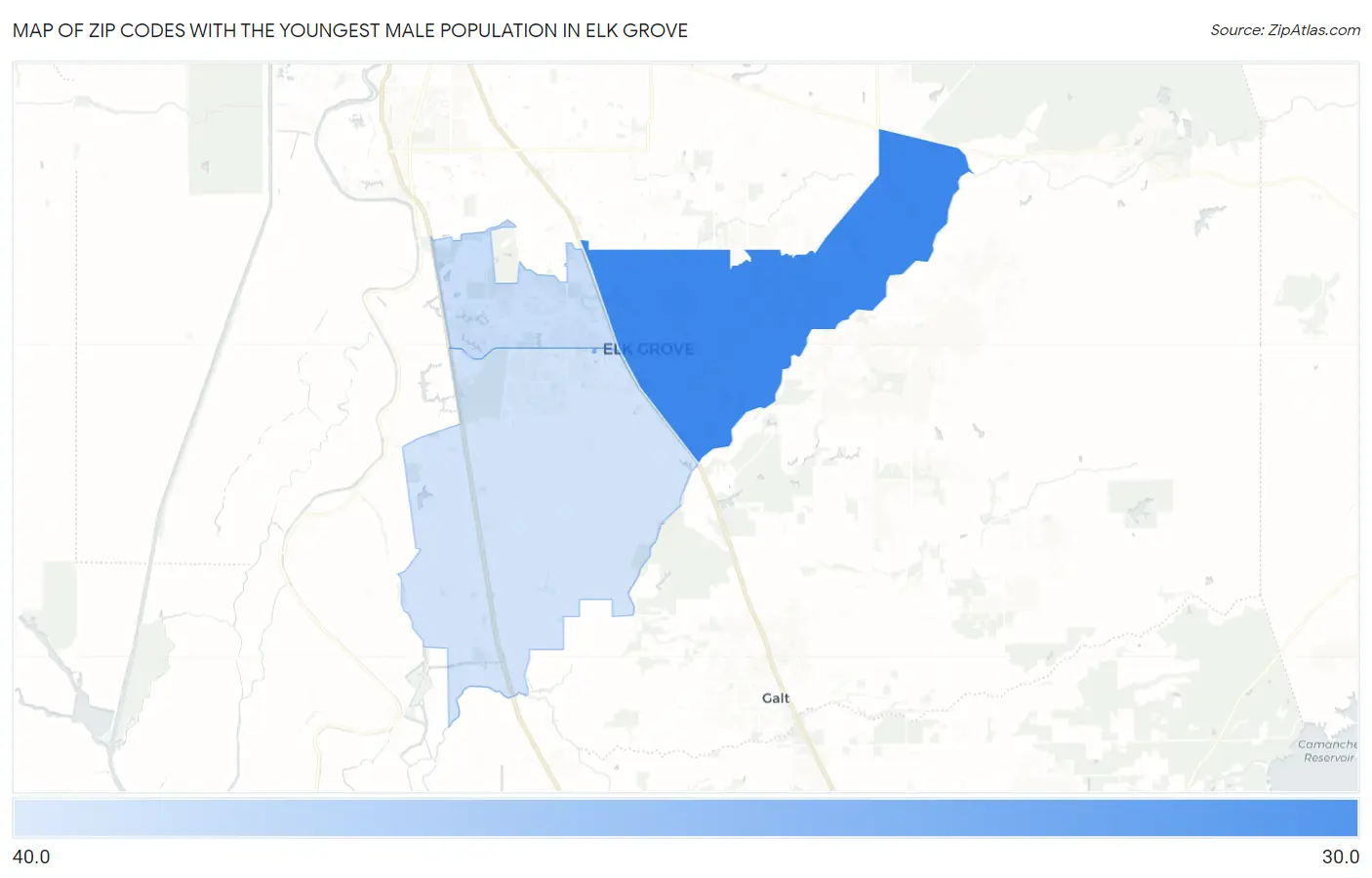 Zip Codes with the Youngest Male Population in Elk Grove Map