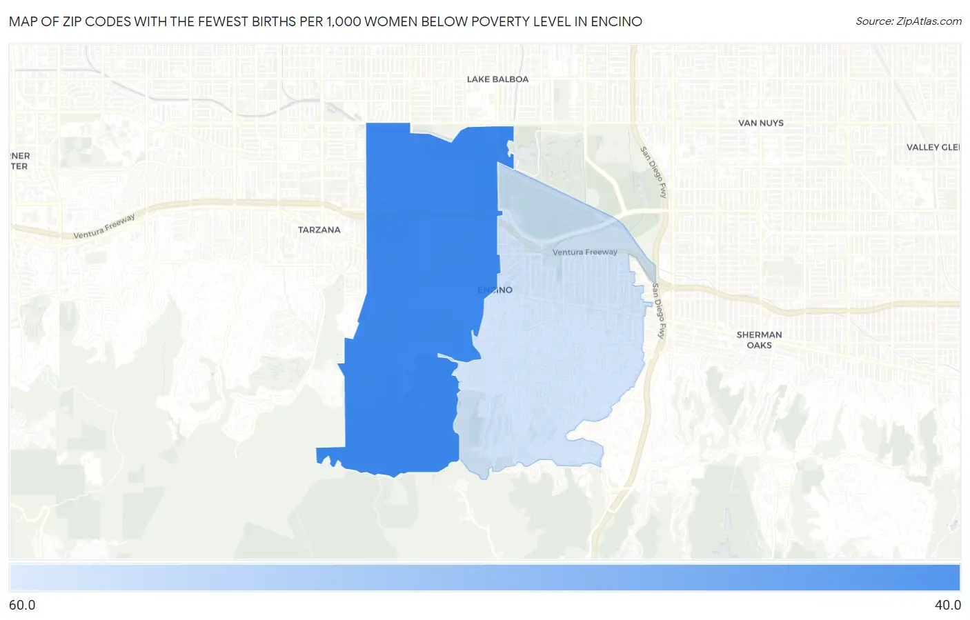 Zip Codes with the Fewest Births per 1,000 Women Below Poverty Level in Encino Map