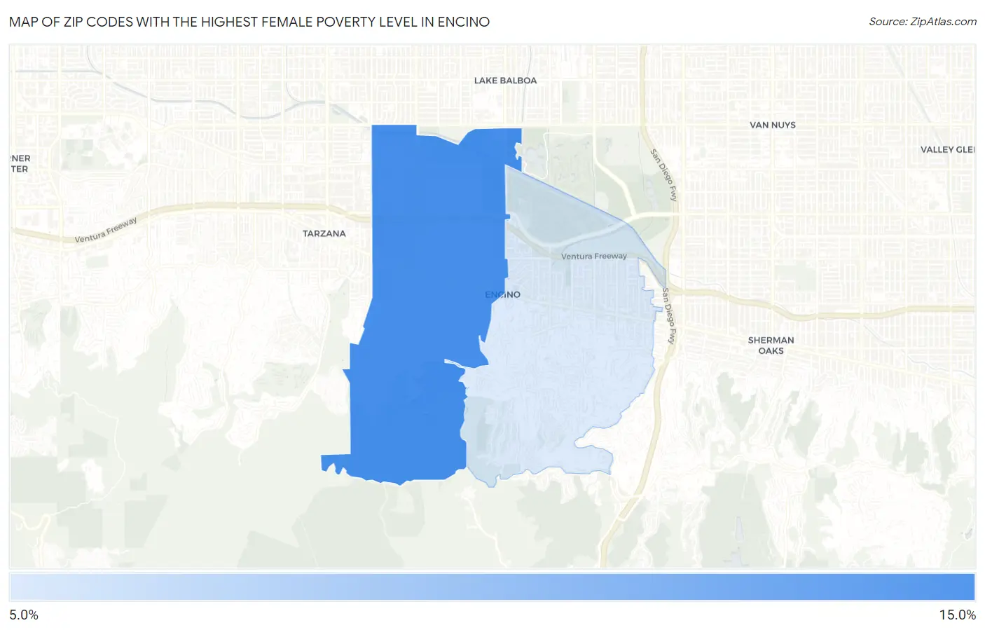 Zip Codes with the Highest Female Poverty Level in Encino Map