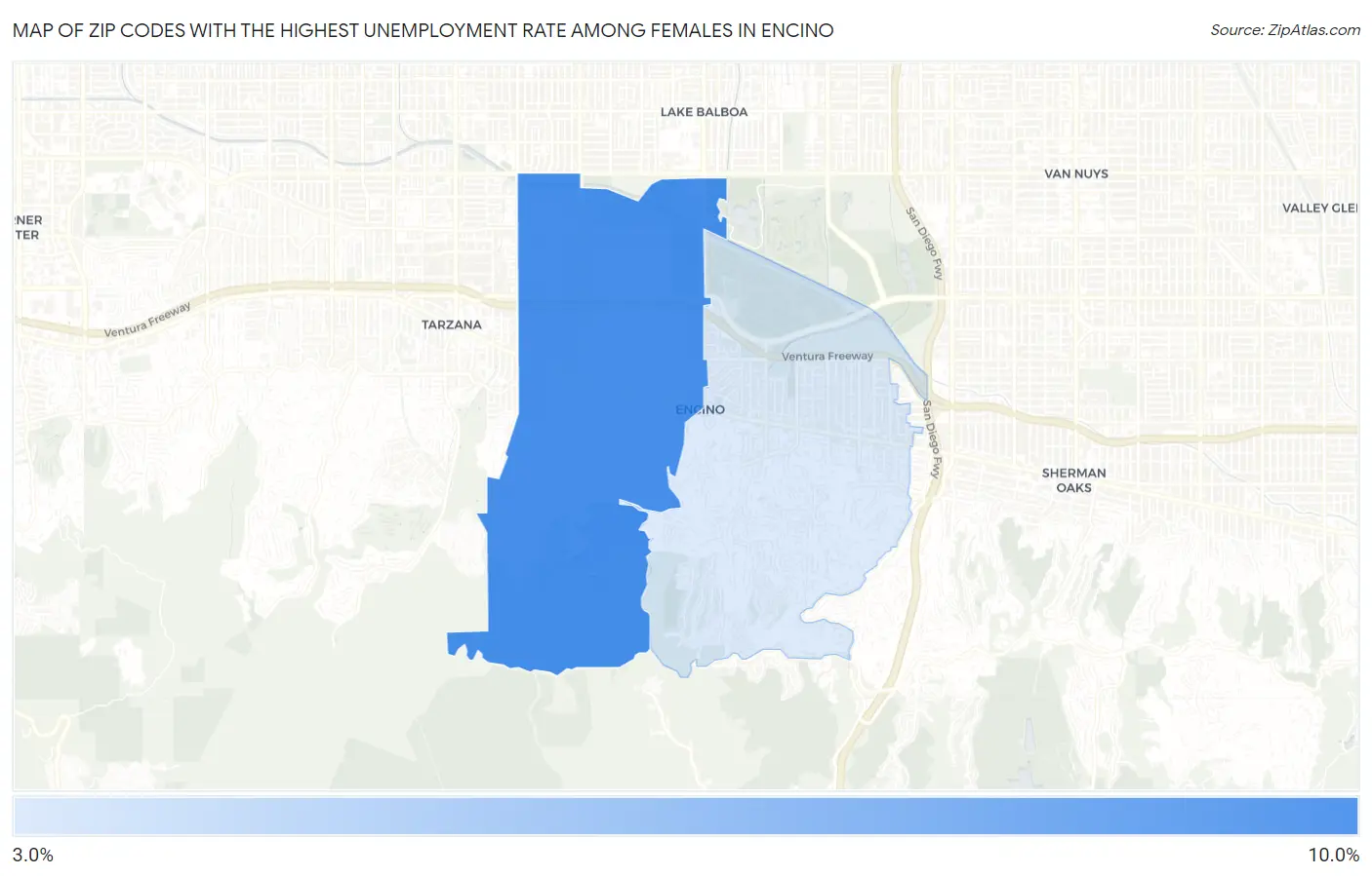 Zip Codes with the Highest Unemployment Rate Among Females in Encino Map