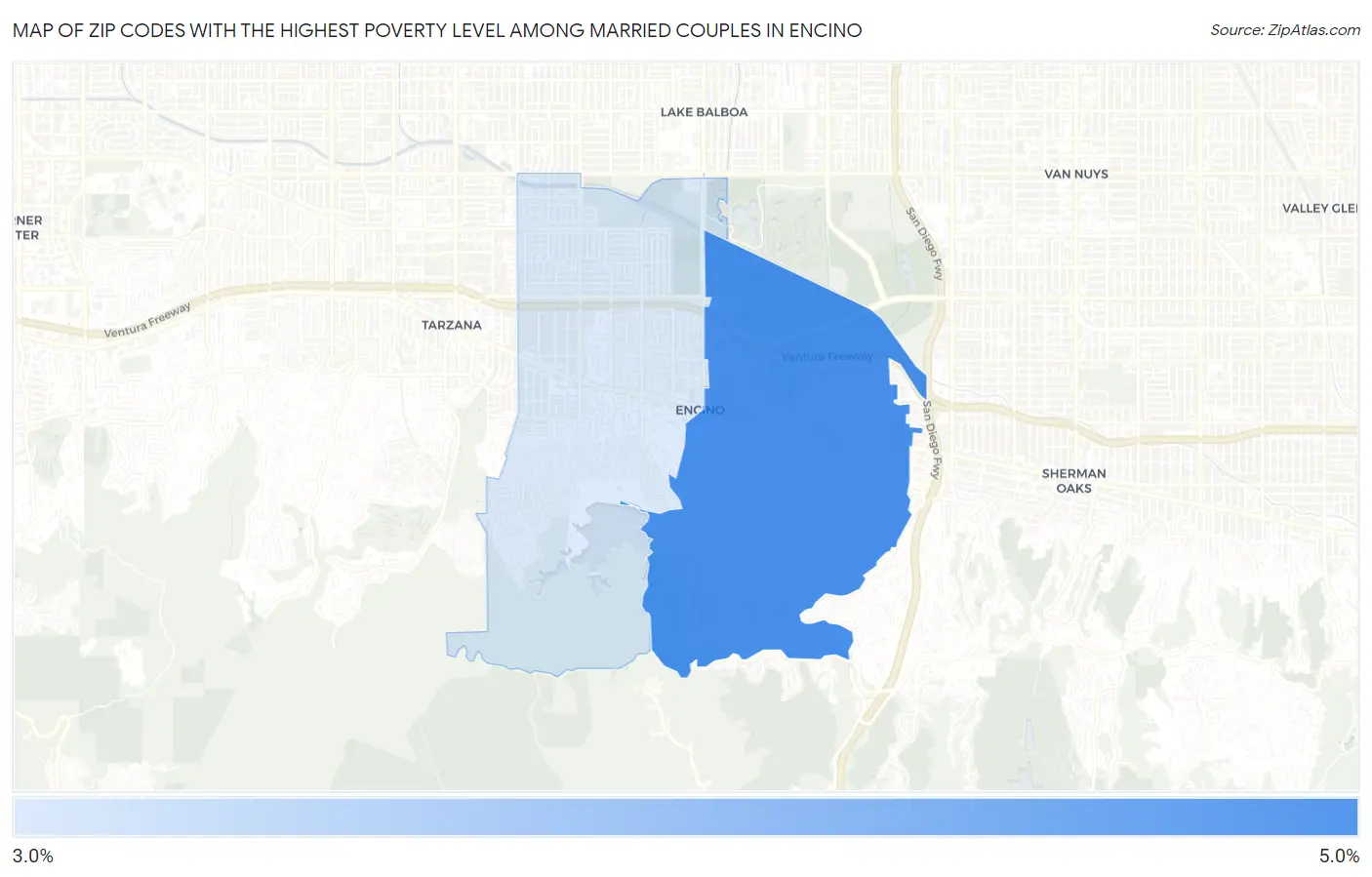 Zip Codes with the Highest Poverty Level Among Married Couples in Encino Map