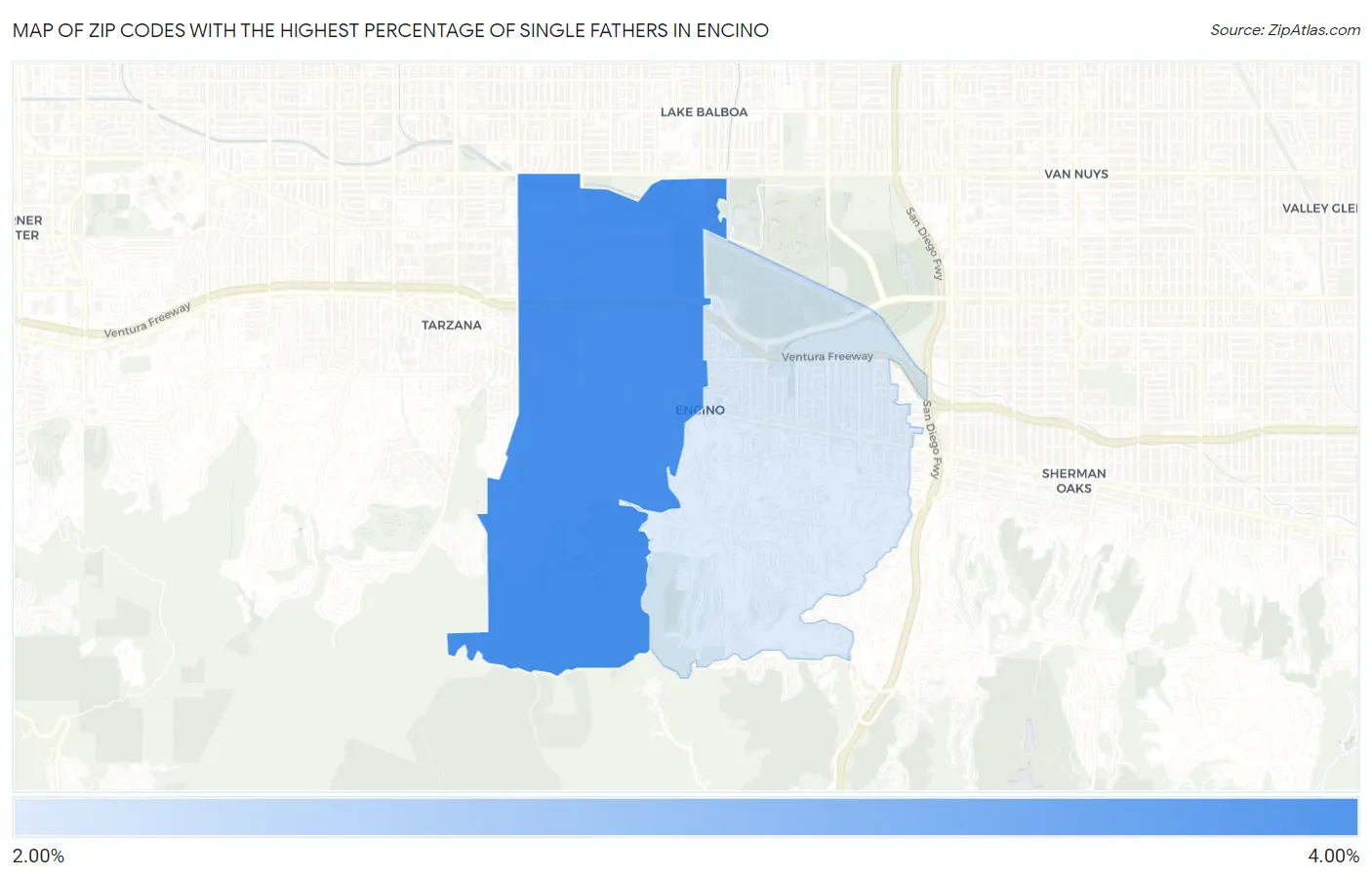 Zip Codes with the Highest Percentage of Single Fathers in Encino Map
