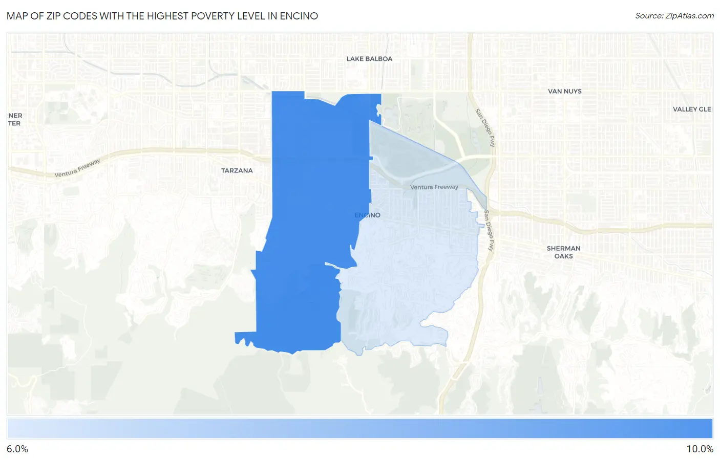 Zip Codes with the Highest Poverty Level in Encino Map