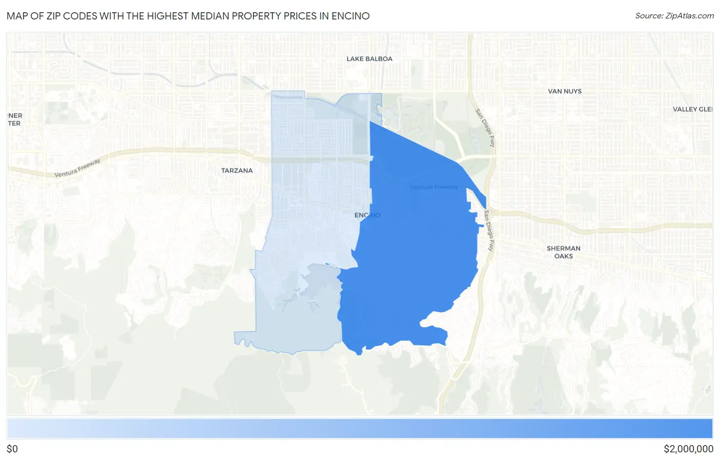 Zip Codes with the Highest Median Property Prices in Encino Map
