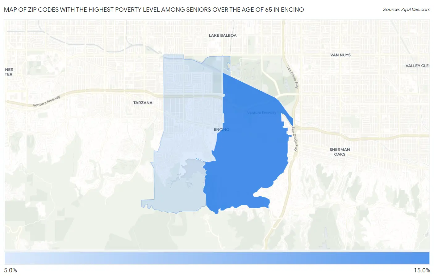 Zip Codes with the Highest Poverty Level Among Seniors Over the Age of 65 in Encino Map