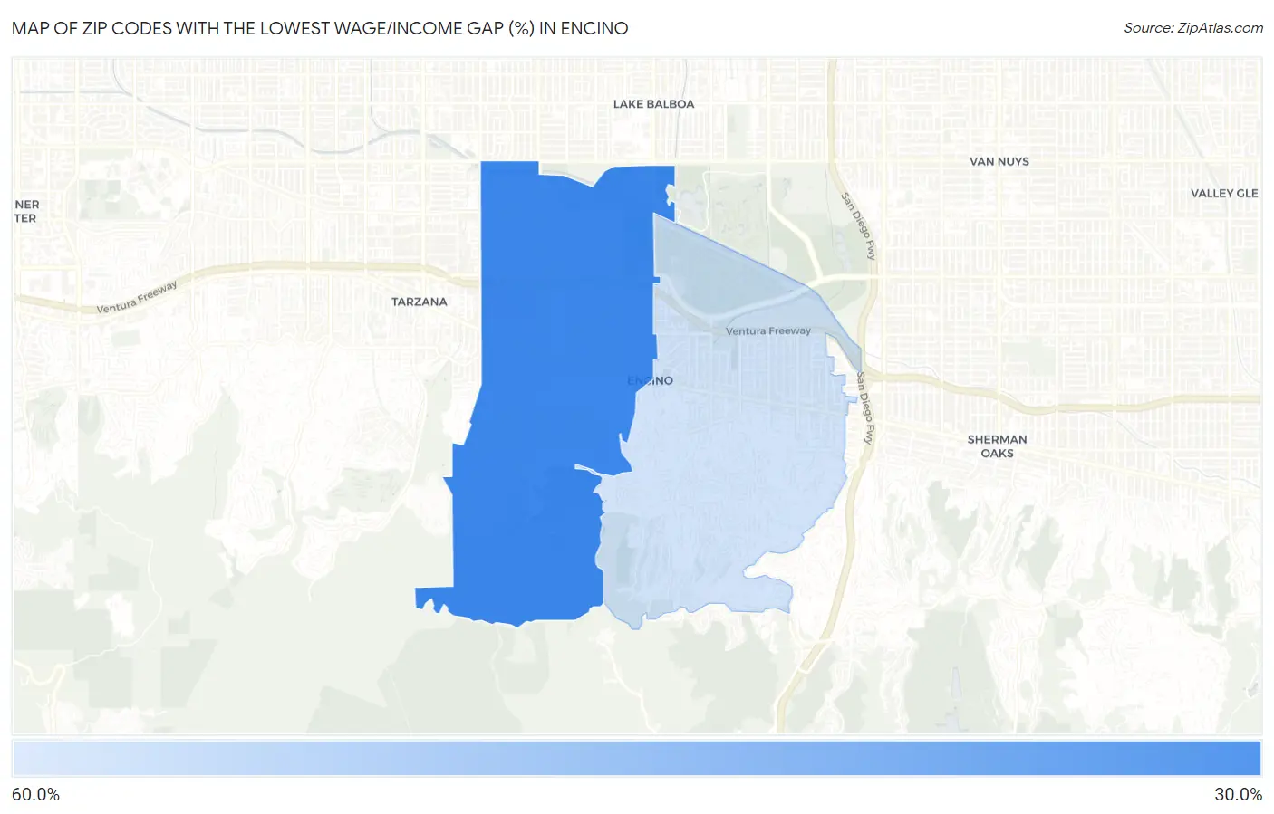 Zip Codes with the Lowest Wage/Income Gap (%) in Encino Map