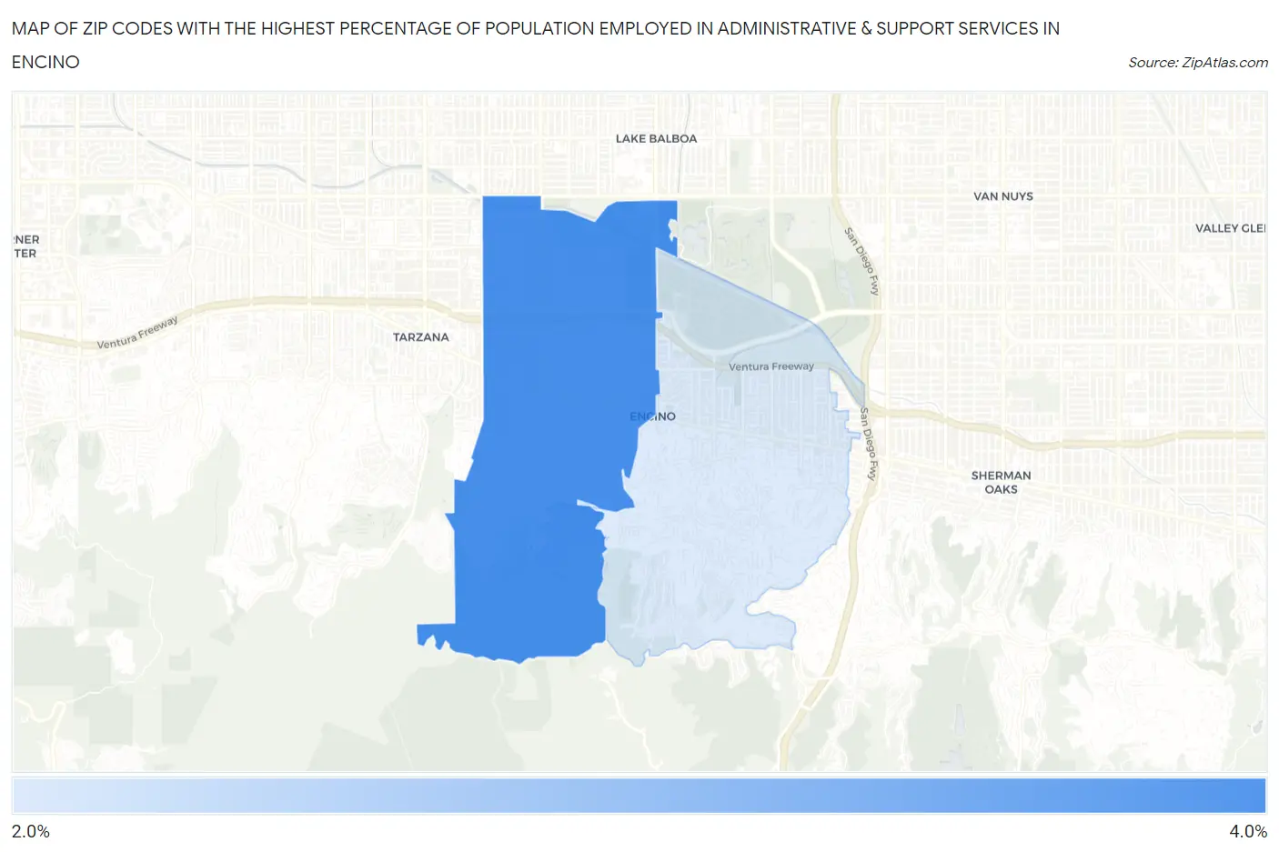 Zip Codes with the Highest Percentage of Population Employed in Administrative & Support Services in Encino Map