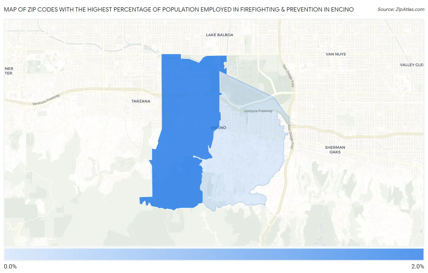 Zip Codes with the Highest Percentage of Population Employed in Firefighting & Prevention in Encino Map