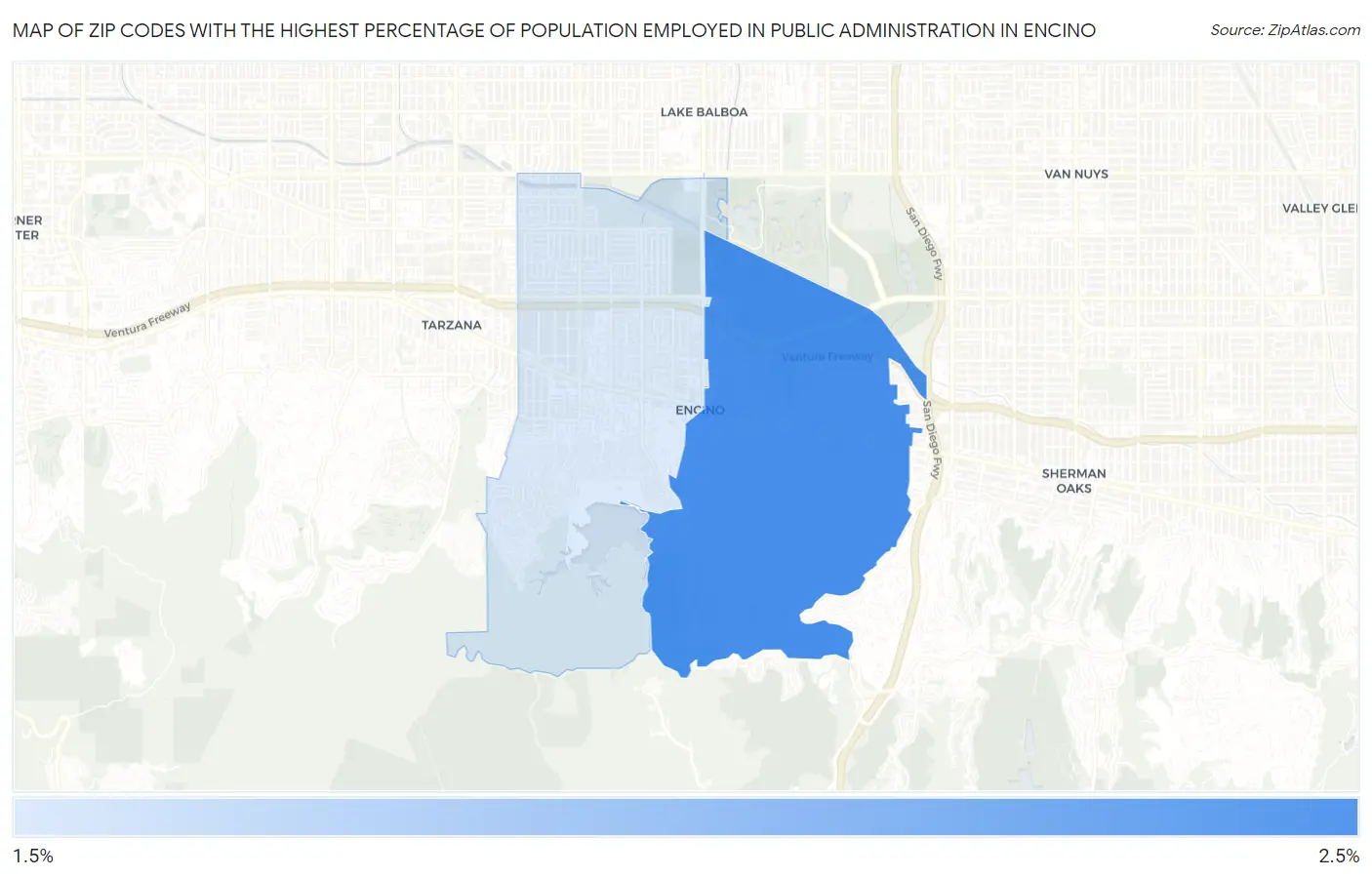 Zip Codes with the Highest Percentage of Population Employed in Public Administration in Encino Map