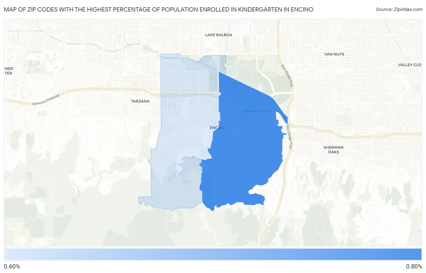 Zip Codes with the Highest Percentage of Population Enrolled in Kindergarten in Encino Map
