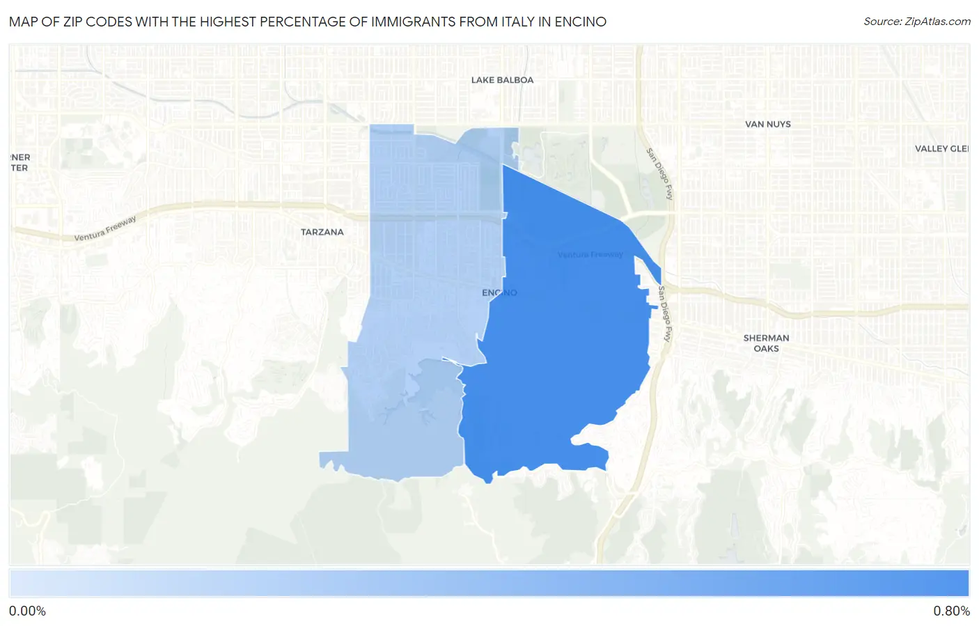 Zip Codes with the Highest Percentage of Immigrants from Italy in Encino Map