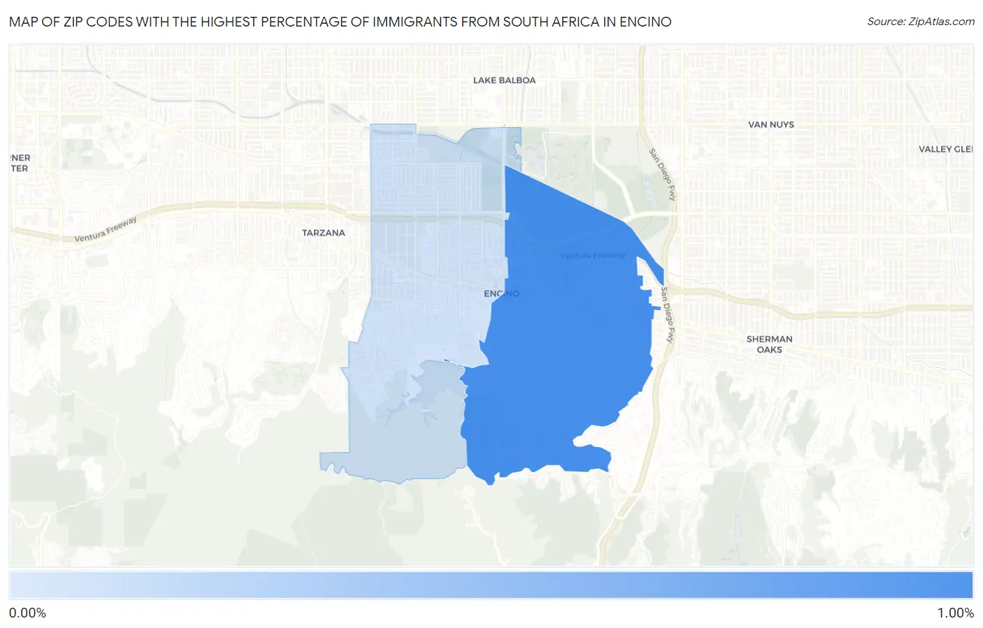 Zip Codes with the Highest Percentage of Immigrants from South Africa in Encino Map