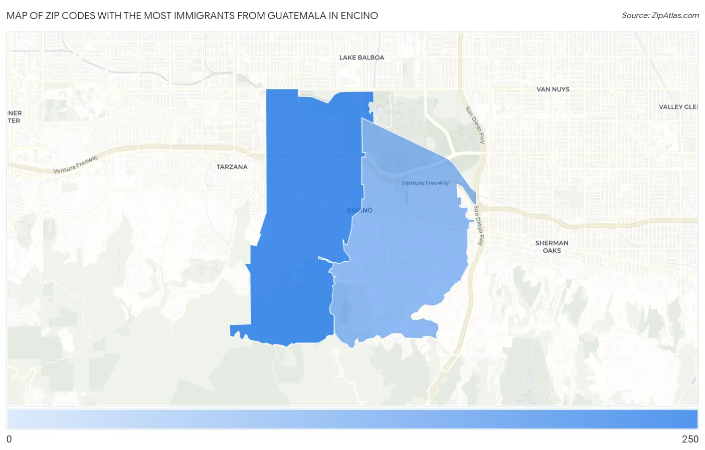 Zip Codes with the Most Immigrants from Guatemala in Encino Map