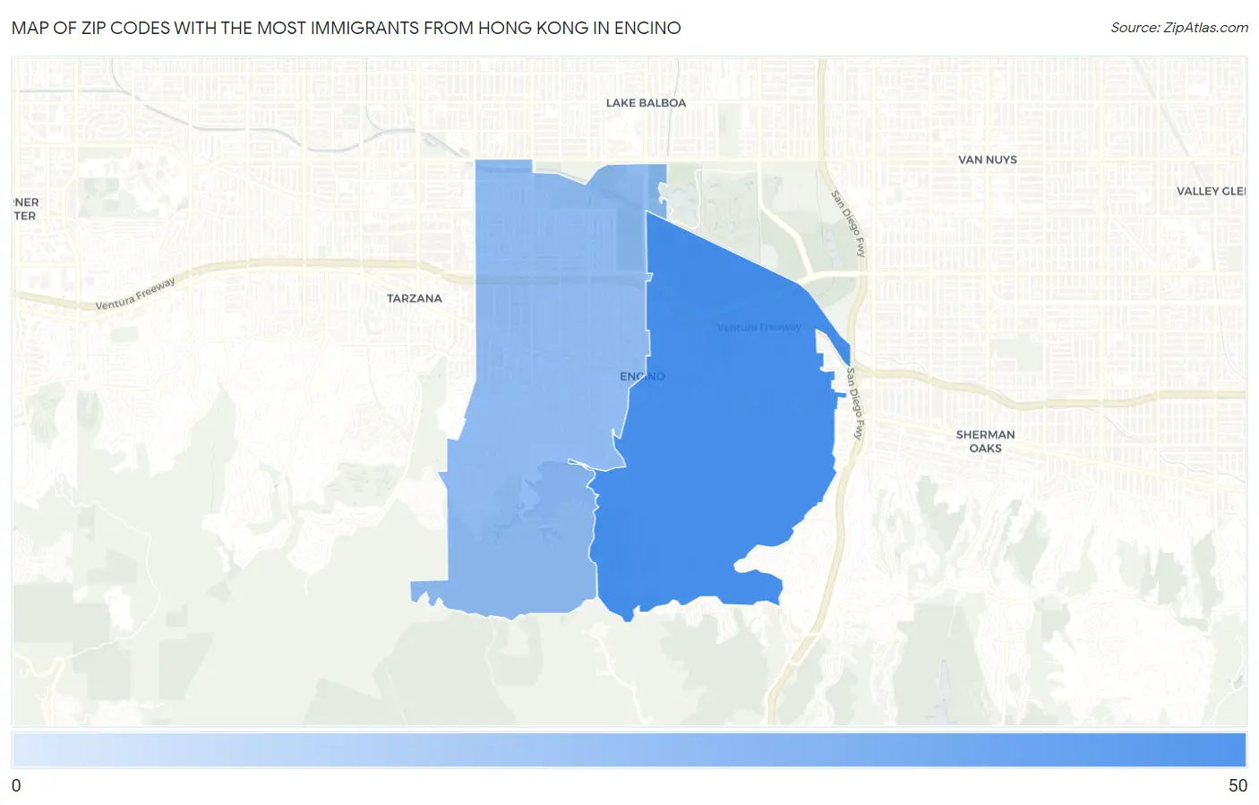 Zip Codes with the Most Immigrants from Hong Kong in Encino Map