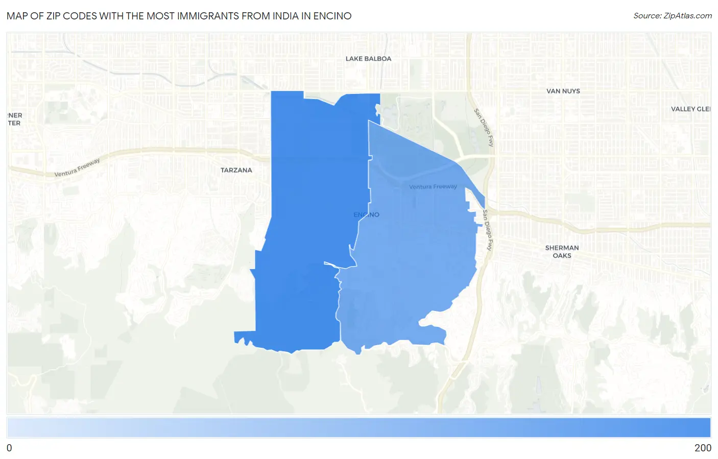 Zip Codes with the Most Immigrants from India in Encino Map