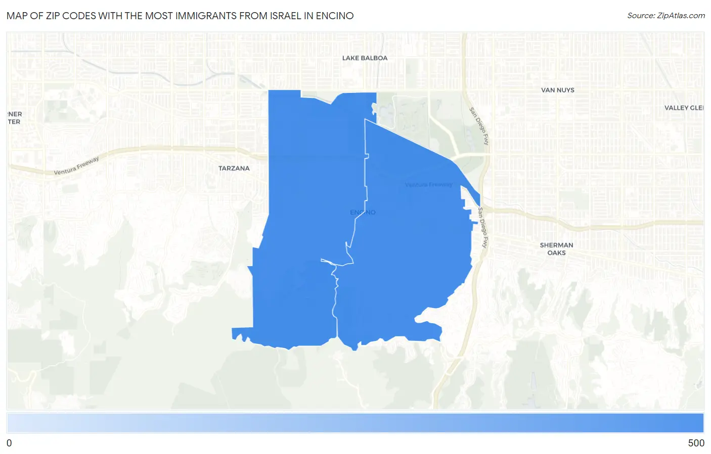 Zip Codes with the Most Immigrants from Israel in Encino Map