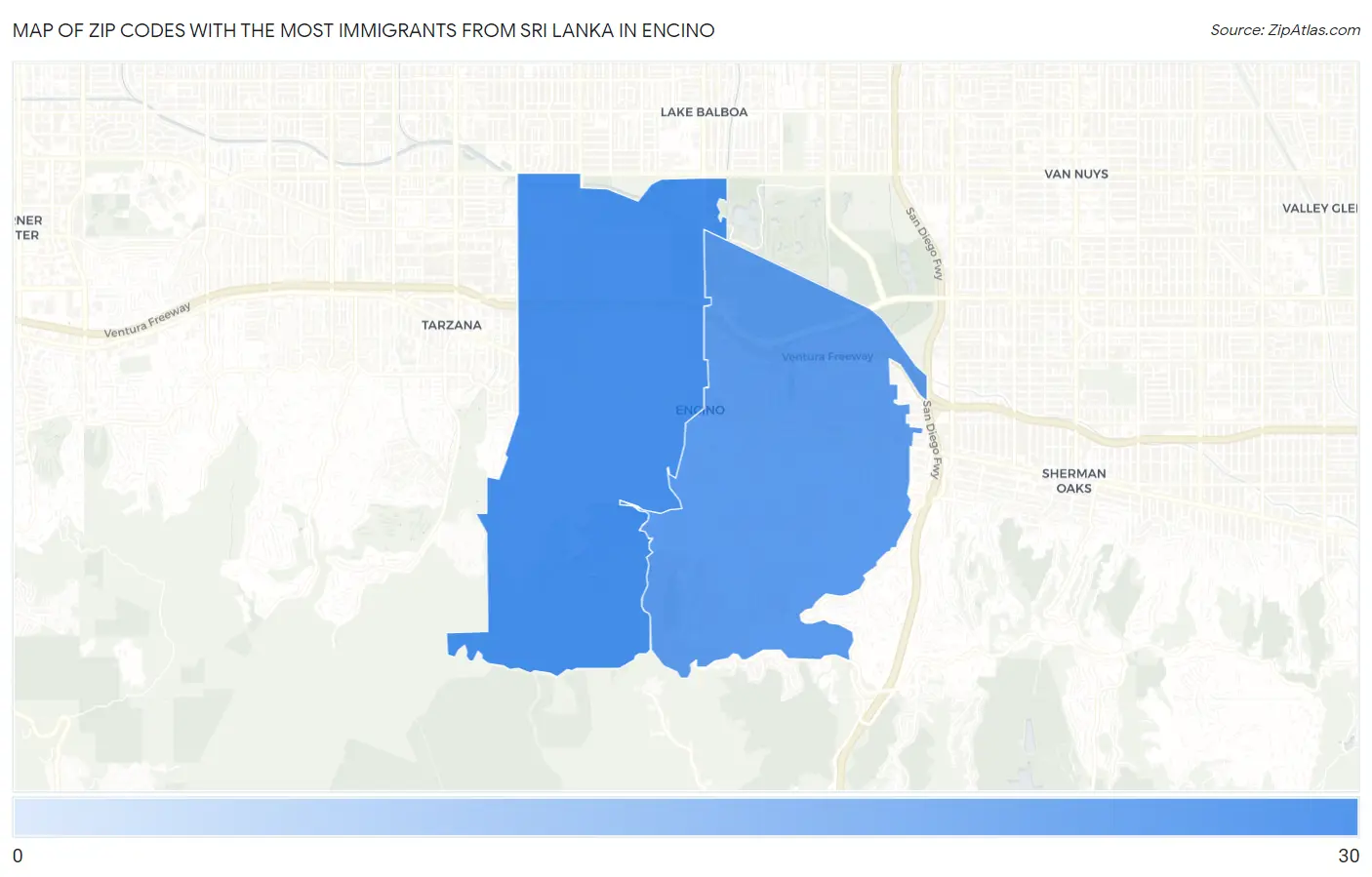 Zip Codes with the Most Immigrants from Sri Lanka in Encino Map