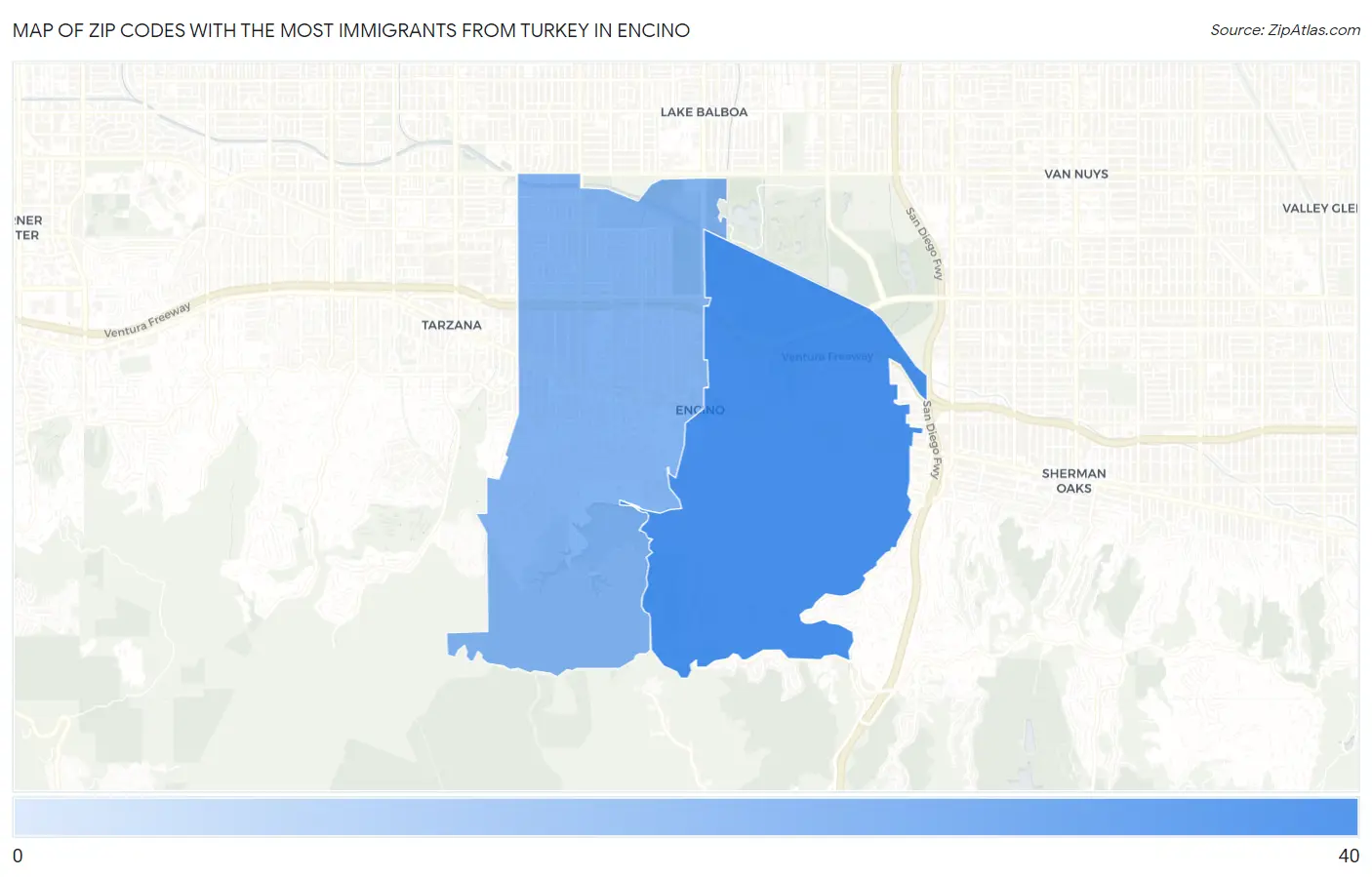 Zip Codes with the Most Immigrants from Turkey in Encino Map