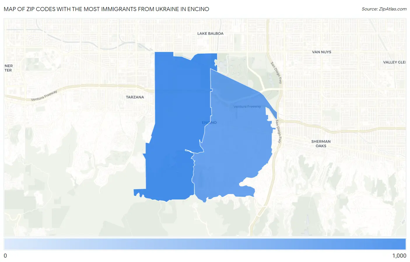 Zip Codes with the Most Immigrants from Ukraine in Encino Map