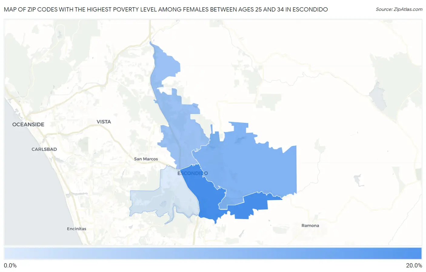 Zip Codes with the Highest Poverty Level Among Females Between Ages 25 and 34 in Escondido Map